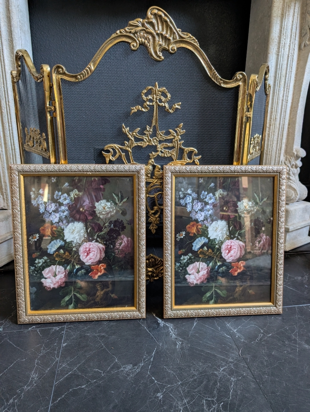 Vintage, Set of 2, Gold Wood Ornate Flower Details frame w/ vtg Style flower Art
